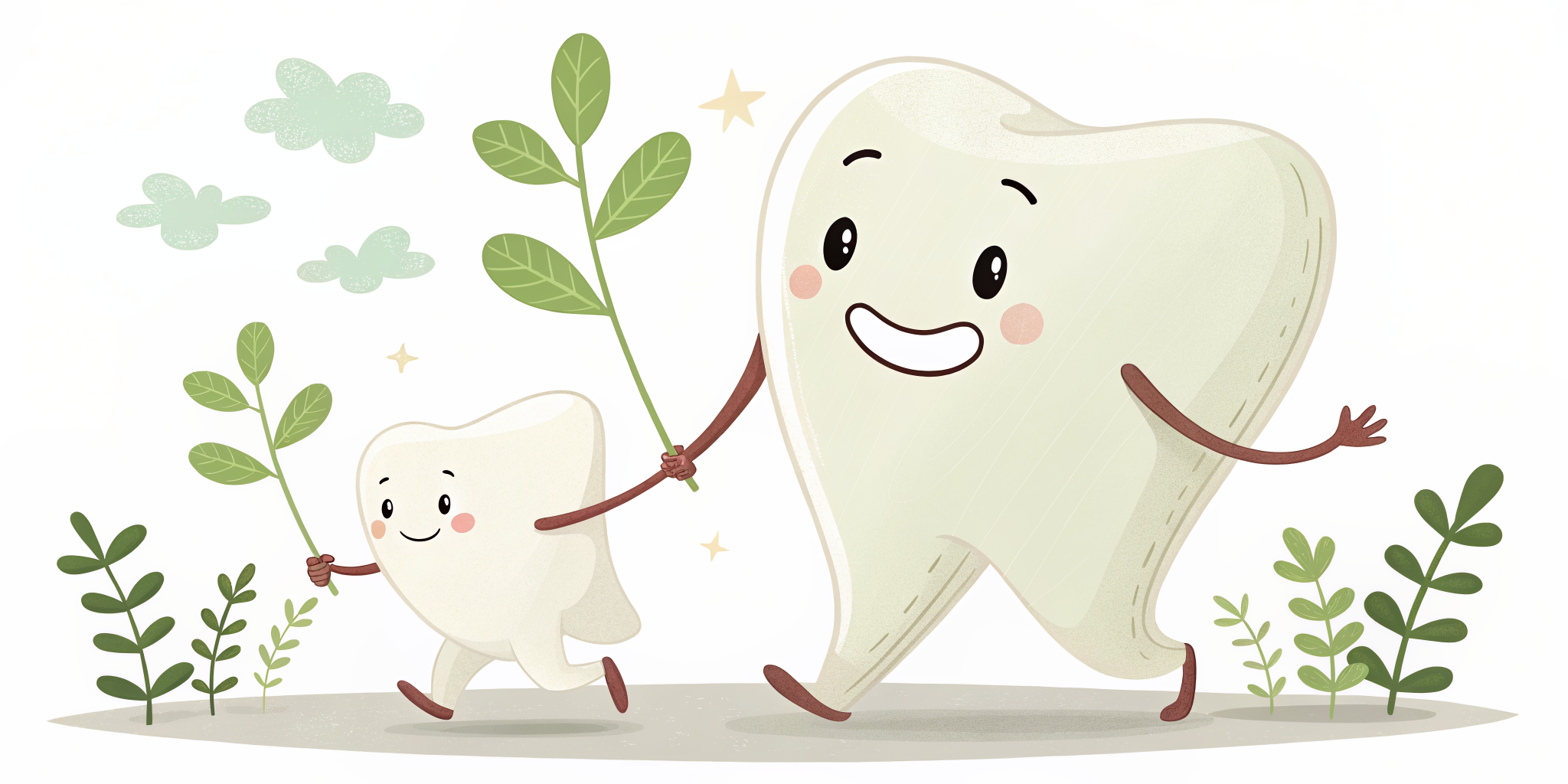 Large tooth and small child tooth walking together, illustrating a child's first dental visit