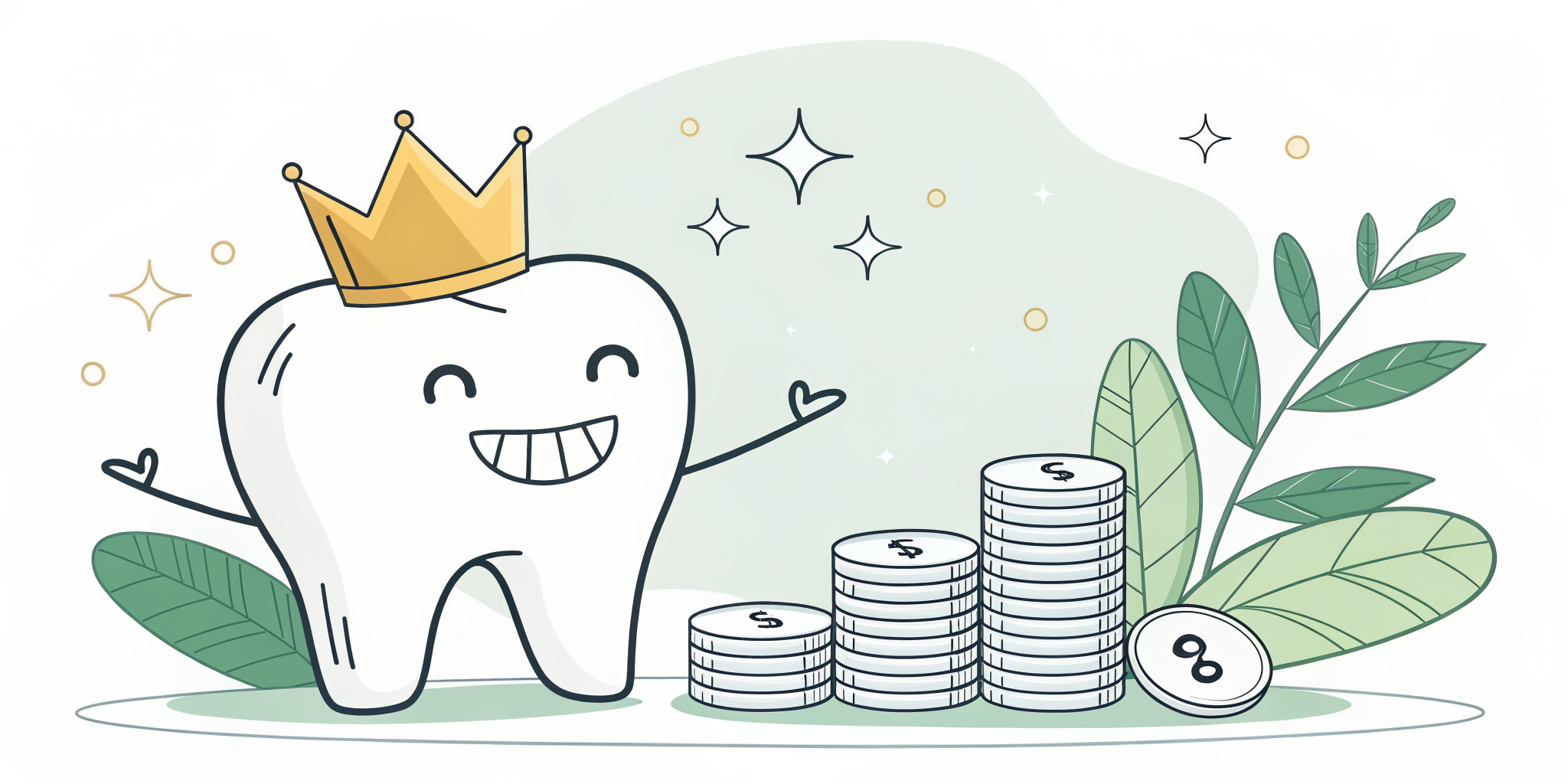 Smiling tooth wearing a gold crown beside stacks of coins, illustrating dental crown cost