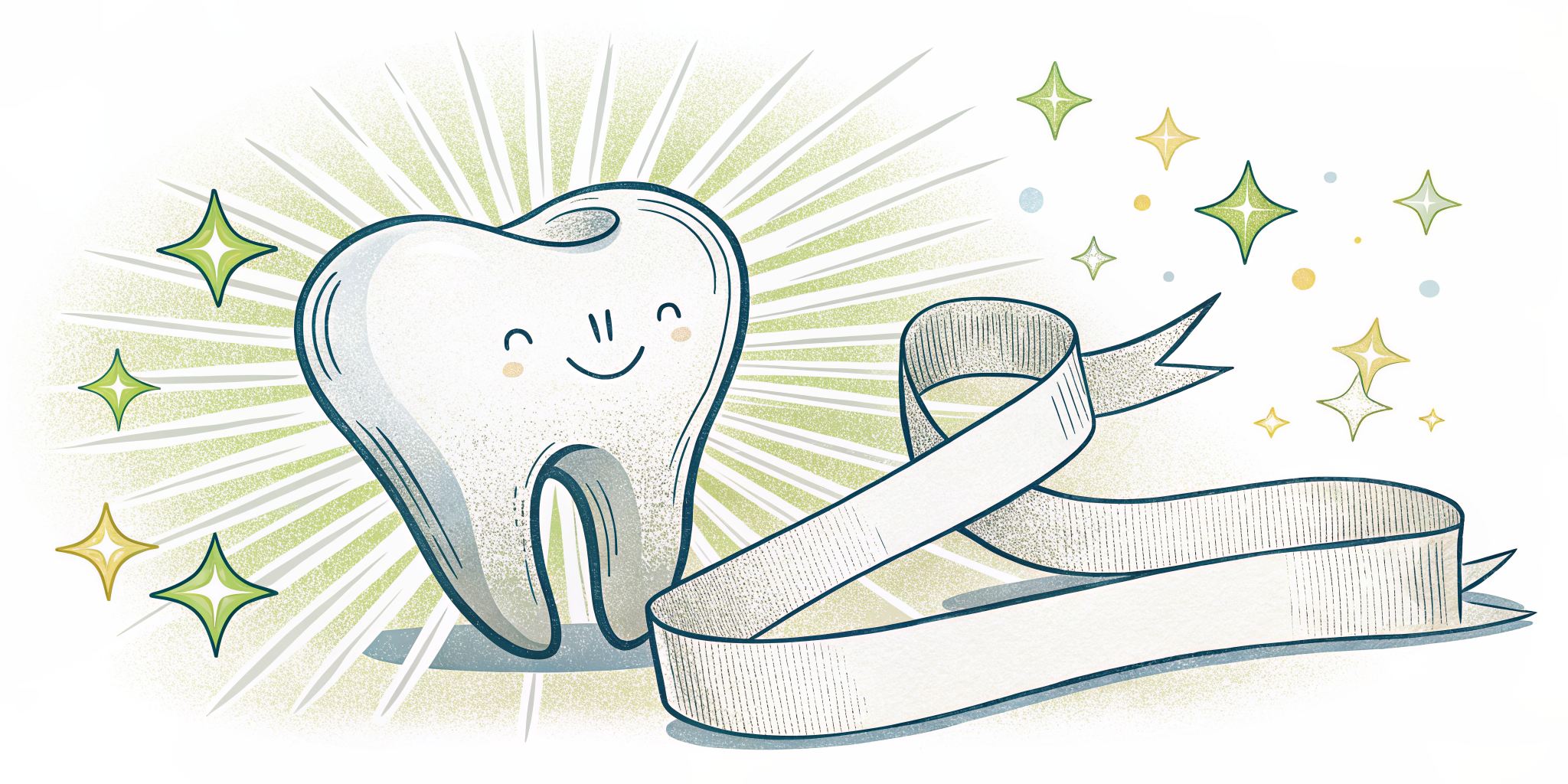 Gleaming white tooth with light rays beside a curling whitening strip