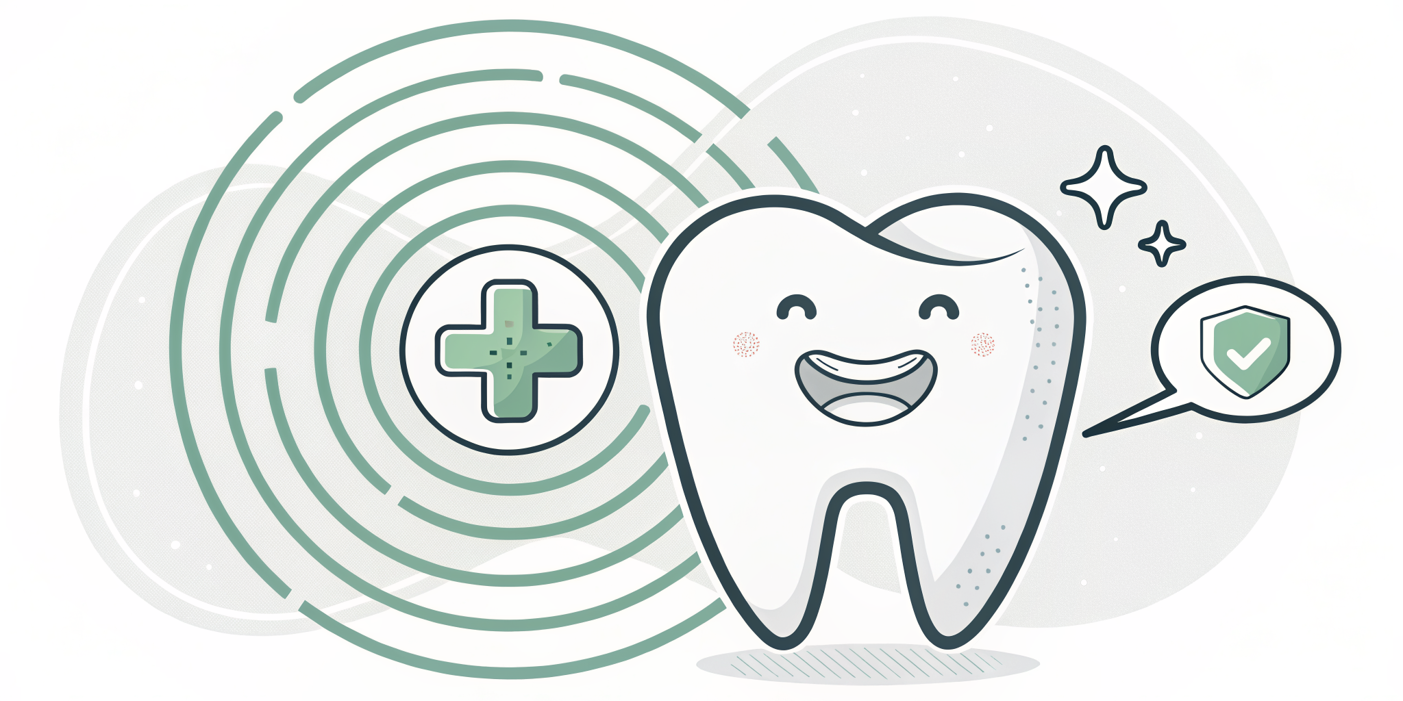 Friendly tooth with first-aid cross and gentle alert rings illustrating dental emergency warning signs